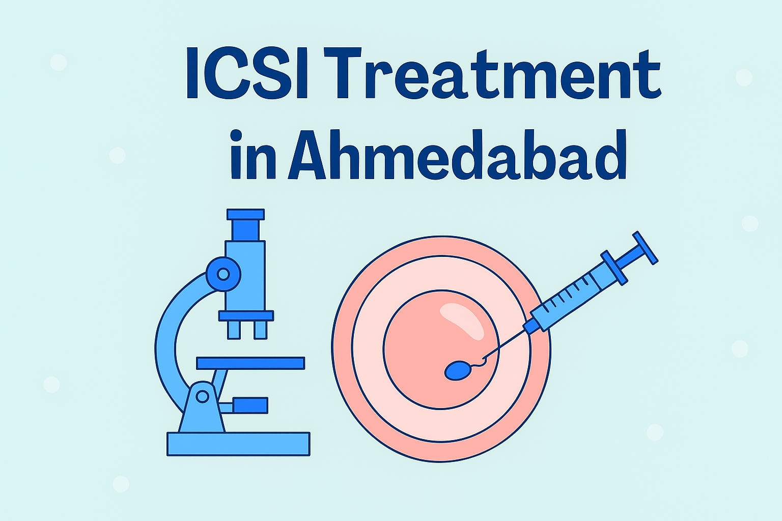 Minimalist graphic showing ICSI Treatment in Ahmedabad with microscope, syringe, and egg illustration.